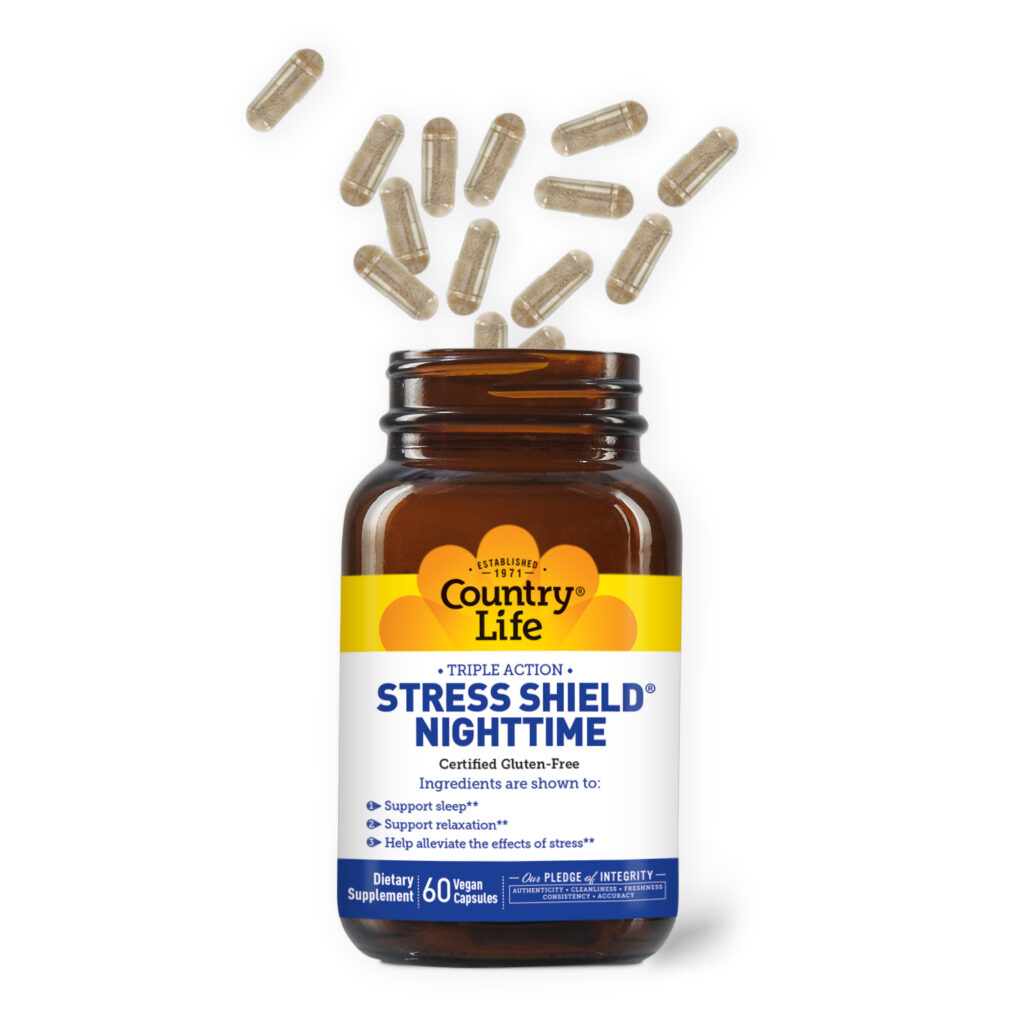 bottle of Country Life Vitamin's Stress Shield Nighttime 